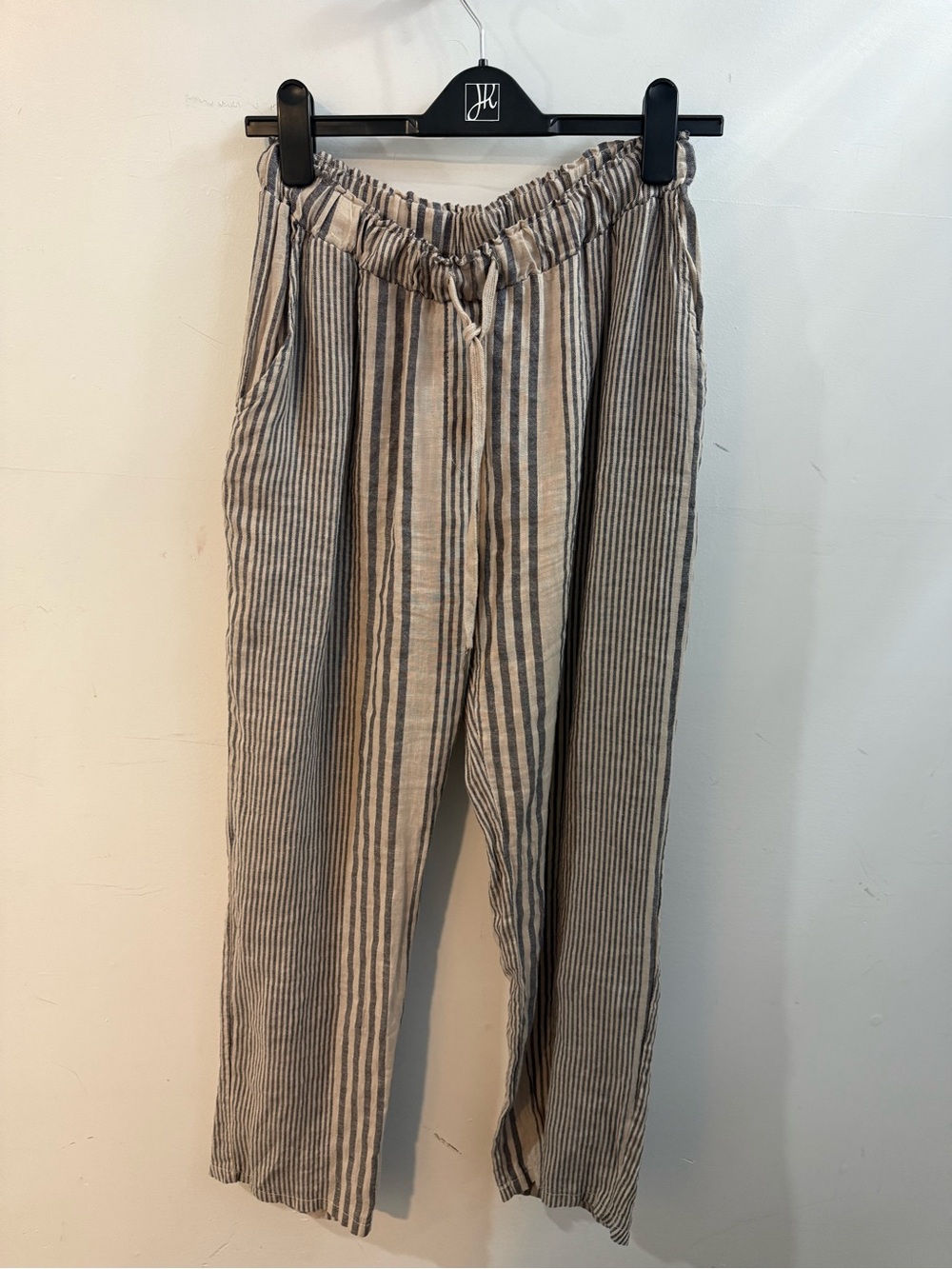 Femme Fatale 5123P Striped Linen Drawstring Pants - Beige & Gray
